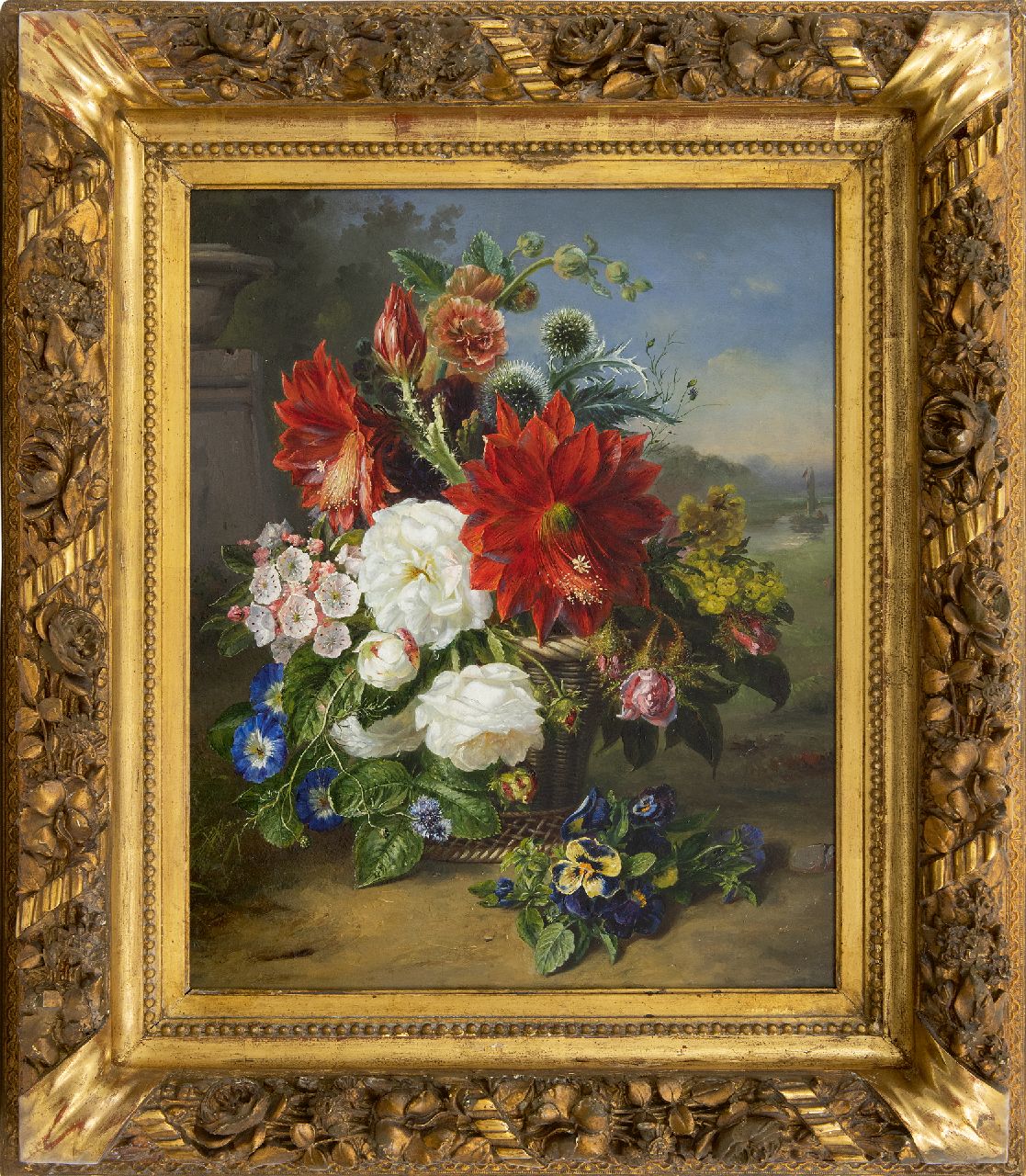 Hamburger H.A.  | Helen Augusta 'Hélène' Hamburger, Flowers in a reed basket, oil on panel 52.0 x 43.5 cm