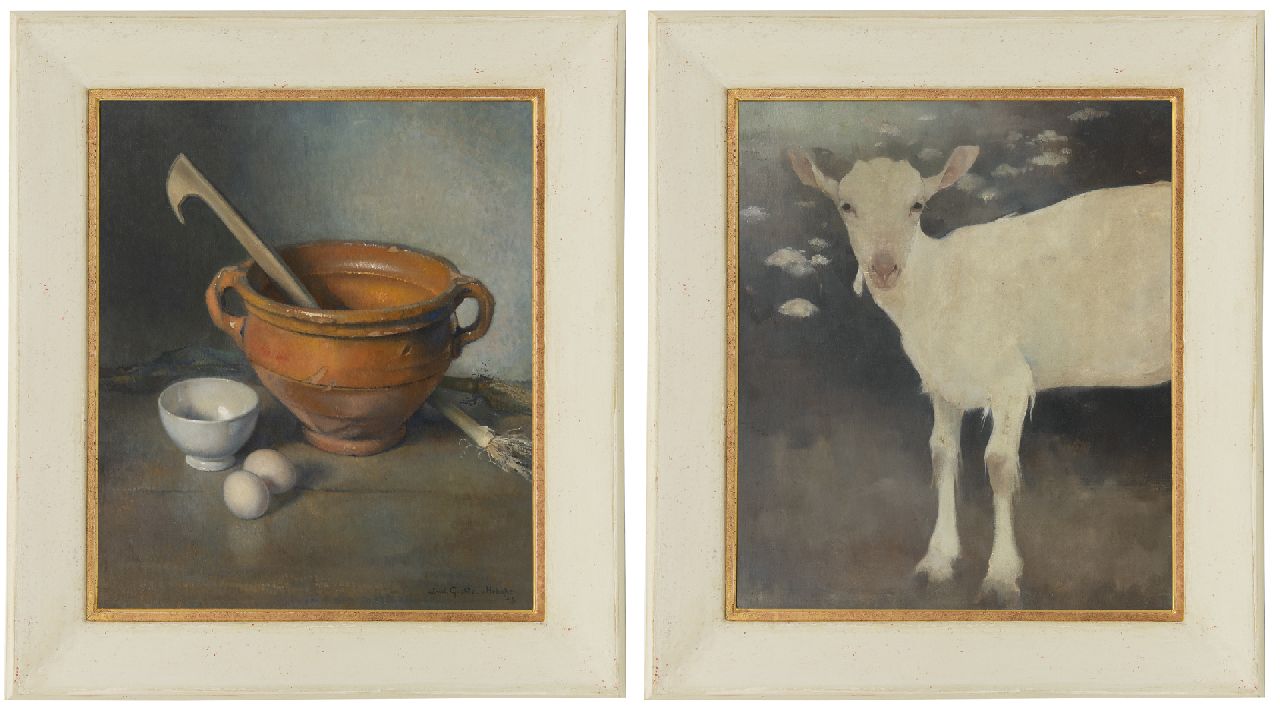 Hoboken J. van | Jacoba 'Jemmy' van Hoboken | Paintings offered for sale | A young goat; A still life with an earthenware bowl, oil on panel 50.2 x 42.7 cm, signed l.r. and dated '42