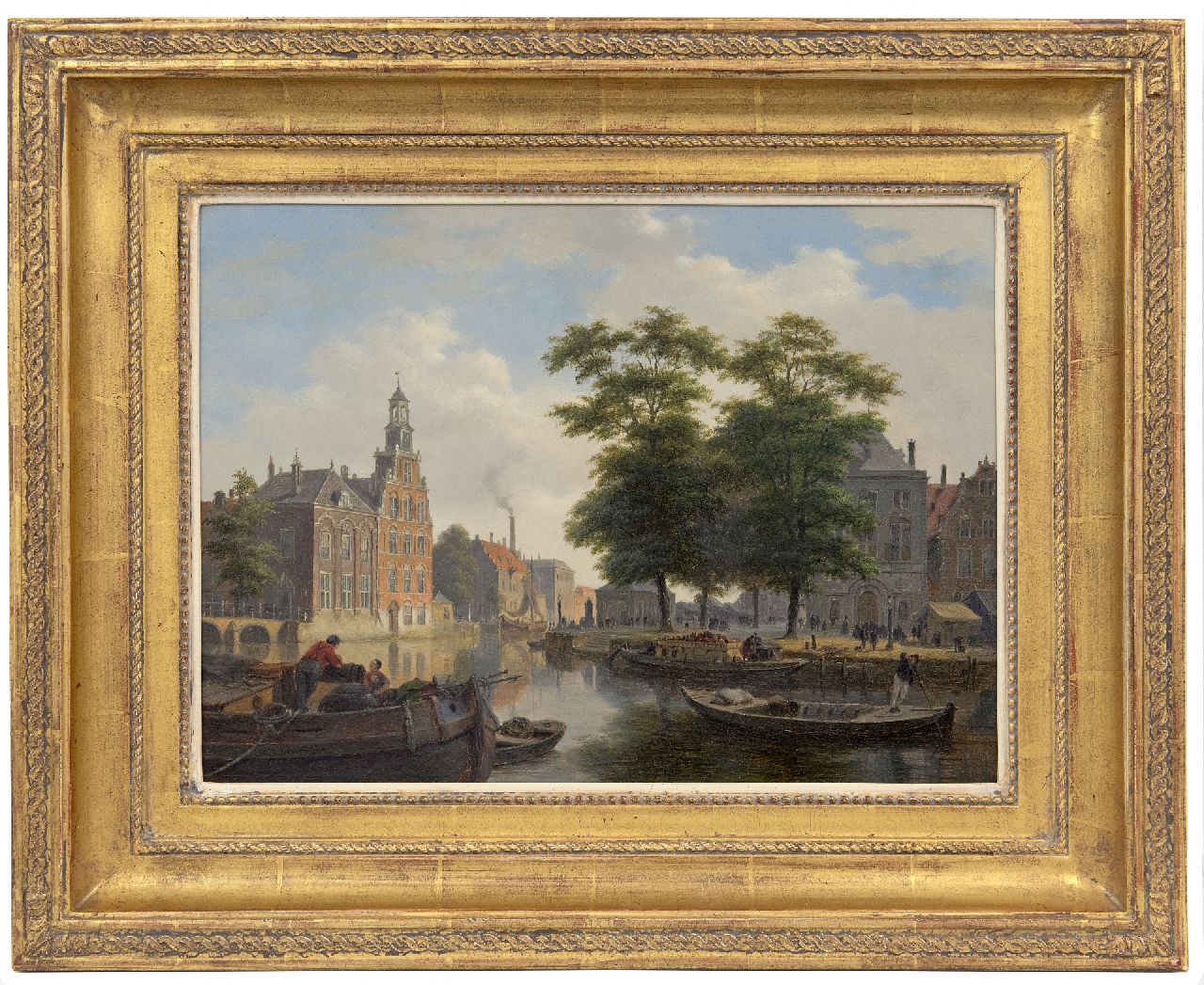 Hove B.J. van | Bartholomeus Johannes 'Bart' van Hove | Paintings offered for sale | A view of a town with townsfolk and shipping on a canal (pendant of A quay and town gate in winter), oil on panel 28.4 x 39.0 cm, signed l.l.