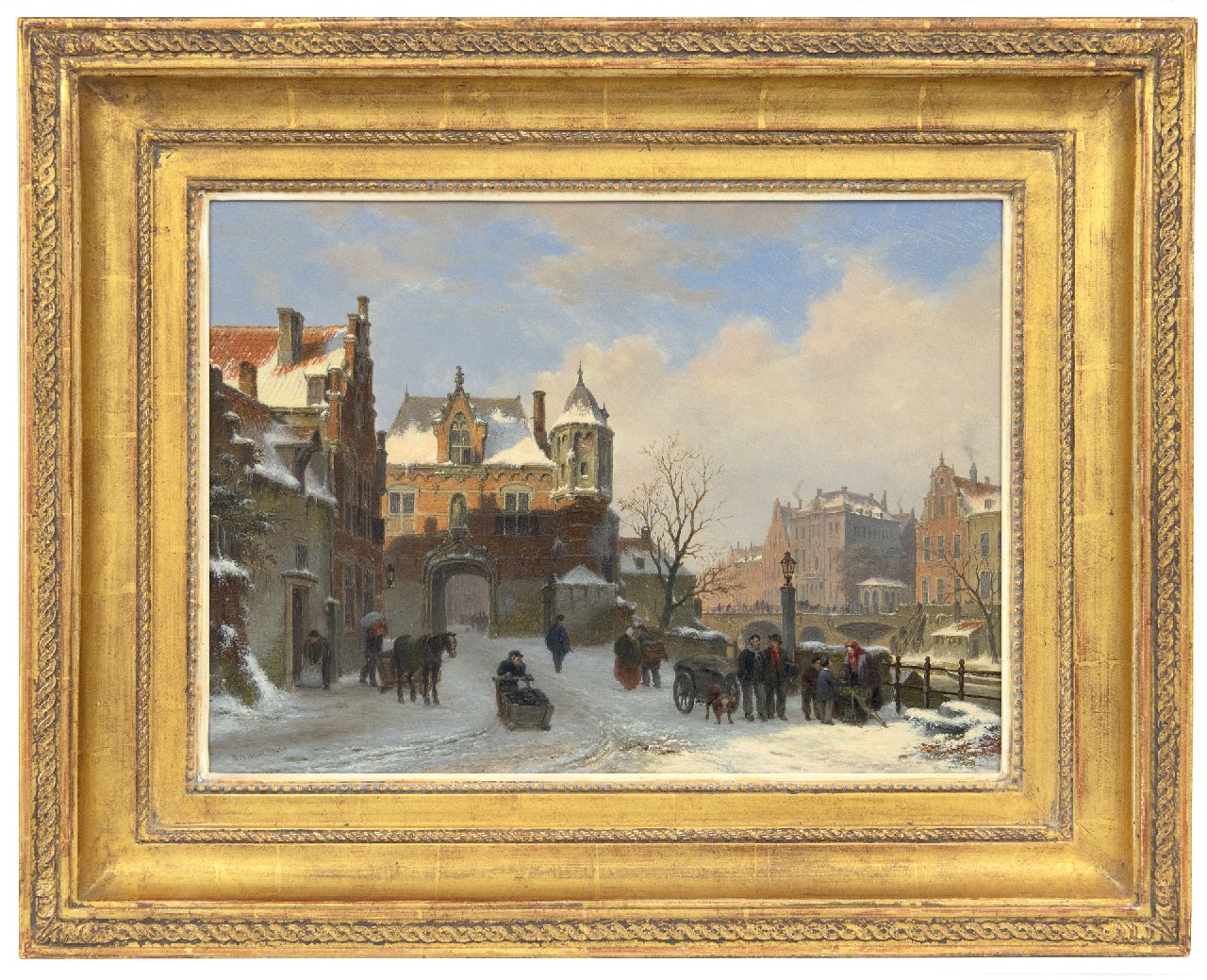 Hove B.J. van | Bartholomeus Johannes 'Bart' van Hove | Paintings offered for sale | A quay and town gate in winter (pendant from A view of a town with townsfolk and shipping on a canal; only as a pair), oil on panel 28.6 x 39.2 cm, signed l.l.