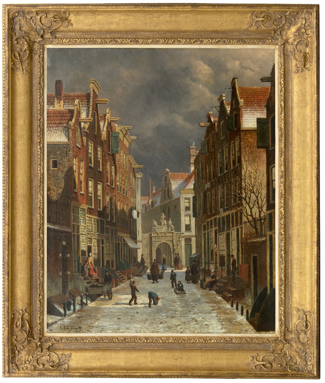 Jongh O.R. de | Oene Romkes de Jongh, View on the Voetboogstraat with the Rasphuispoort, Amsterdam, oil on canvas 86.8 x 70.4 cm, signed l.l.