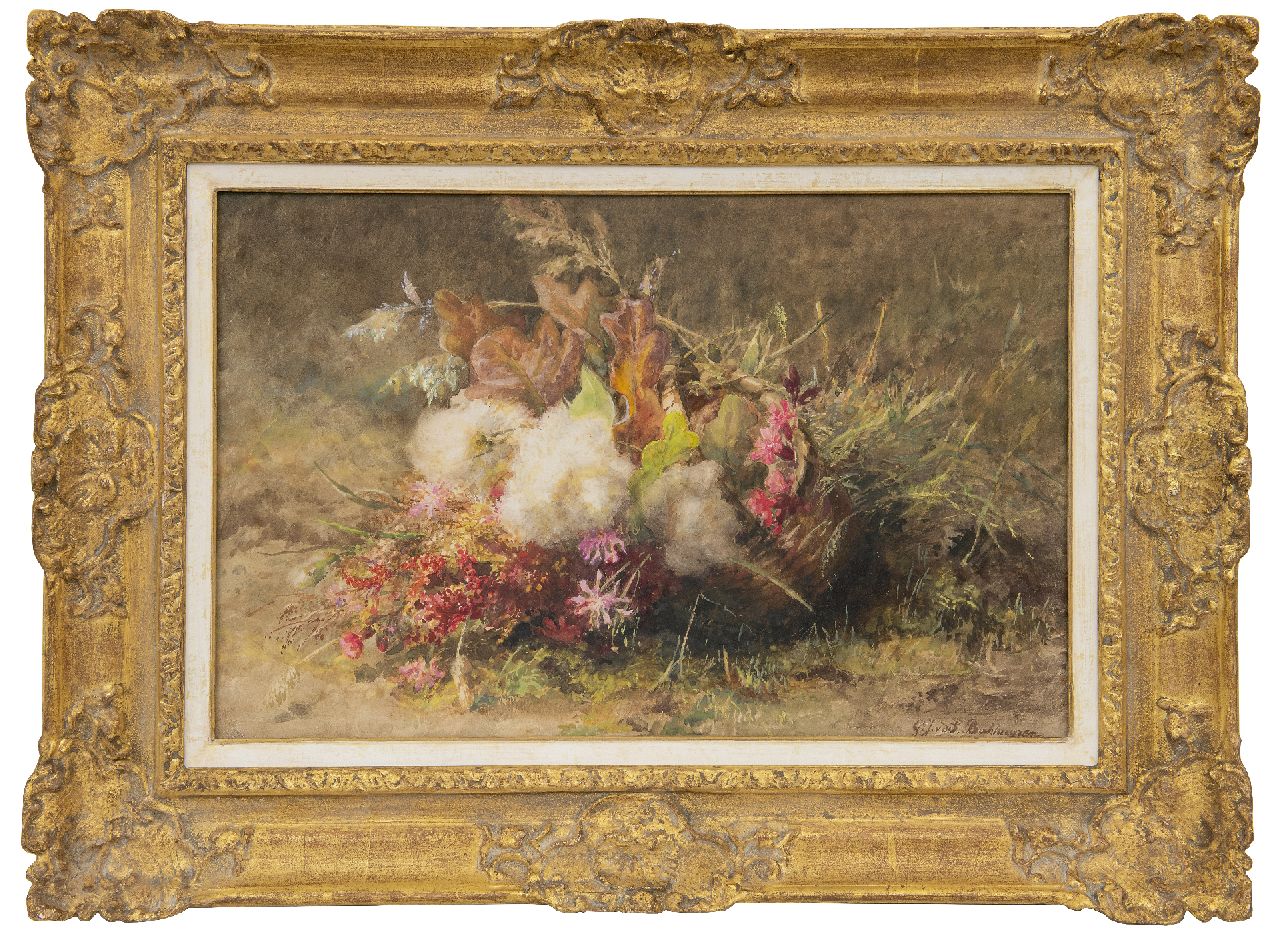 Sande Bakhuyzen G.J. van de | 'Gerardine' Jacoba van de Sande Bakhuyzen | Watercolours and drawings offered for sale | Autumn flowers in a basket on the forest soil, watercolour on paper 33.8 x 52.3 cm, signed l.r.