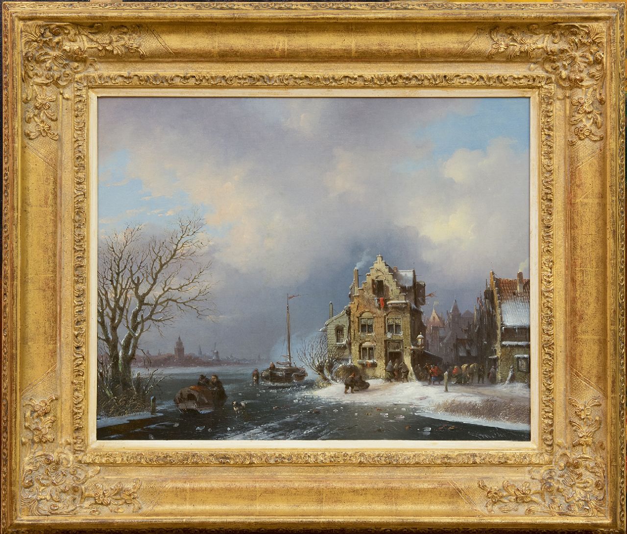 Stok J. van der | Jacobus van der Stok | Paintings offered for sale | A busy day in an town on a frozen river, oil on canvas 40.8 x 50.6 cm, signed l.r. and dated '59