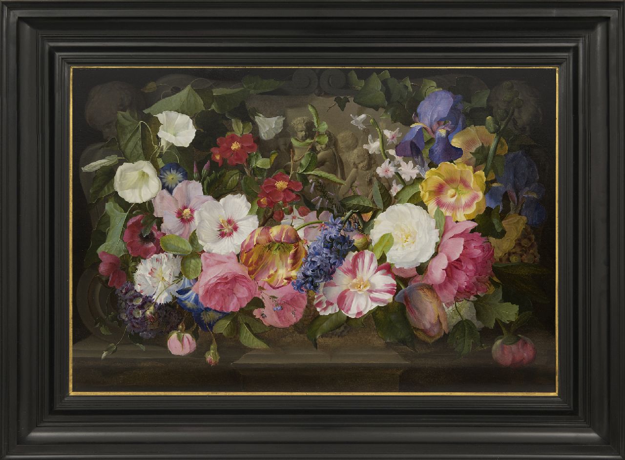 Robie J.B.  | Jean-Baptiste Robie, Flower still life on a marble ledge, oil on panel 44.0 x 64.5 cm, signed l.l. and painted ca. 1845-1850