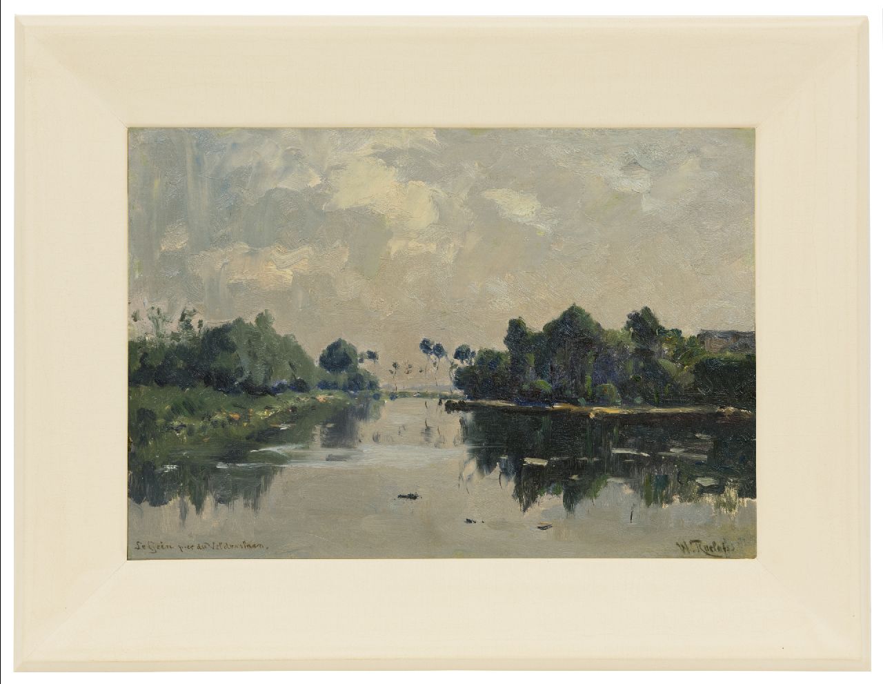 Roelofs W.  | Willem Roelofs, The river Gein near the Velderslaan, Abcoude - Mondriaan avant la lettre, oil on canvas laid down on panel 30.3 x 44.0 cm, signed l.r. and dated 'Juillet' 1881 on the reverse