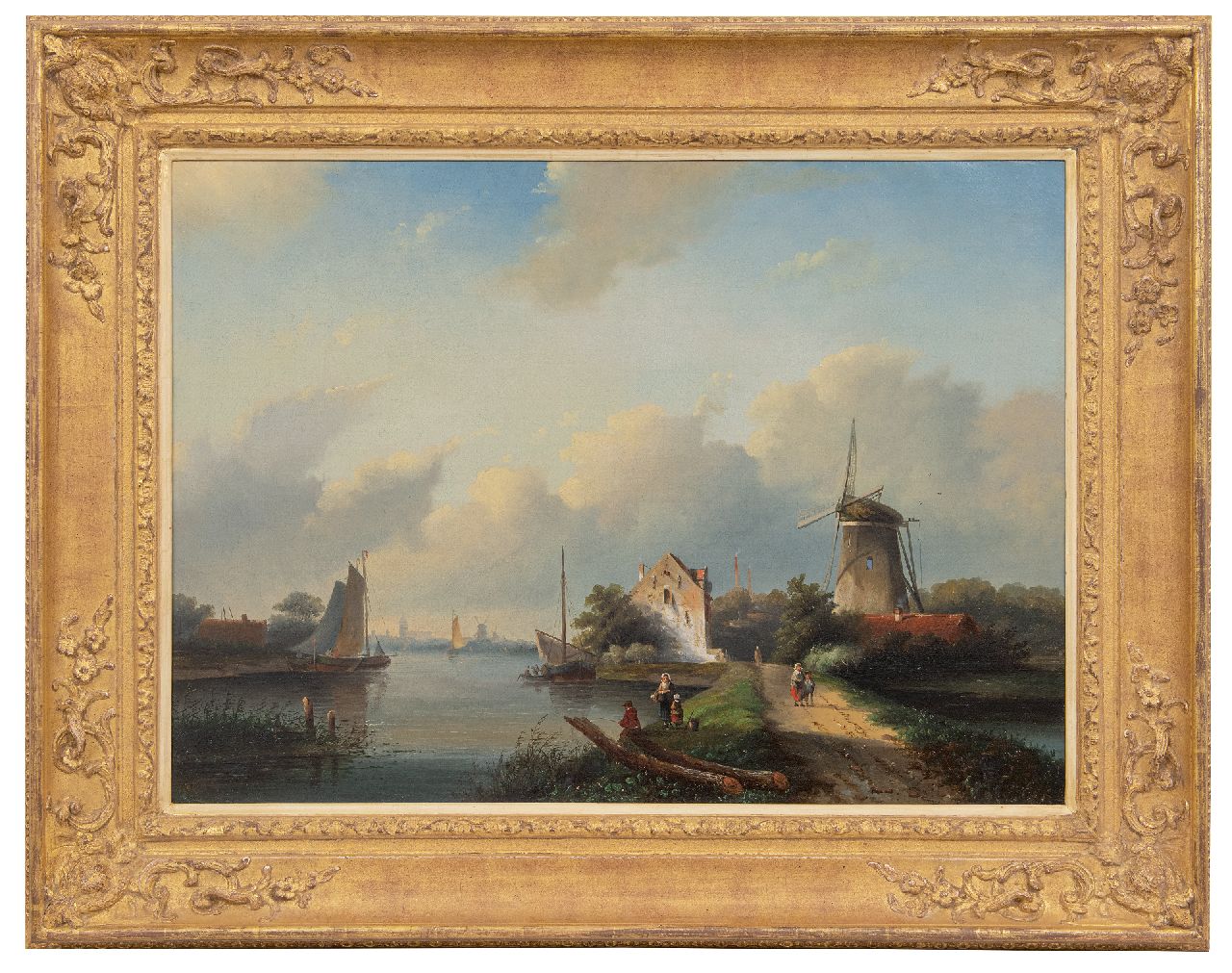 Spohler J.J.  | Jan Jacob Spohler | Paintings offered for sale | A summer landscape with figures near a river, oil on canvas 56.6 x 78.4 cm, signed l.l.
