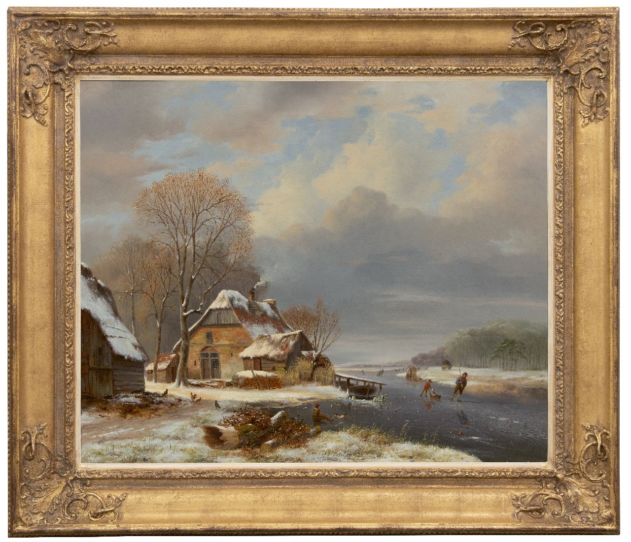 Roosenboom N.J.  | Nicolaas Johannes Roosenboom, A frozen river with skaters near a farm, oil on canvas 71.2 x 87.7 cm, signed l.l.