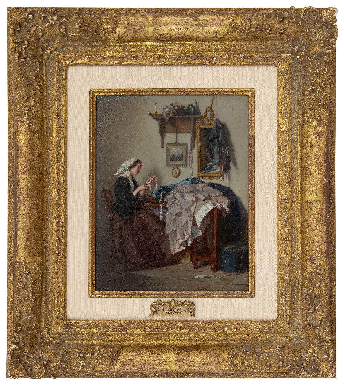 Bakker Korff A.H.  | Alexander Hugo Bakker Korff, The young seamstress, oil on panel 18.5 x 14.4 cm, signed l.l. and painted ca. 1864