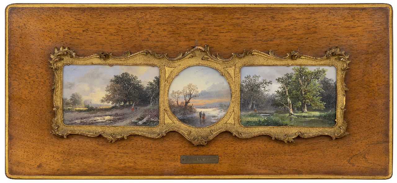 Haanen R.A.  | Remigius Adrianus Haanen | Paintings offered for sale | Three landscapes: Summer landscape - Figures on the ice - Wooded landscape, oil on tin 8.0 x 12.3 cm, signed l.r. (2) and l.l. (1) with monogram