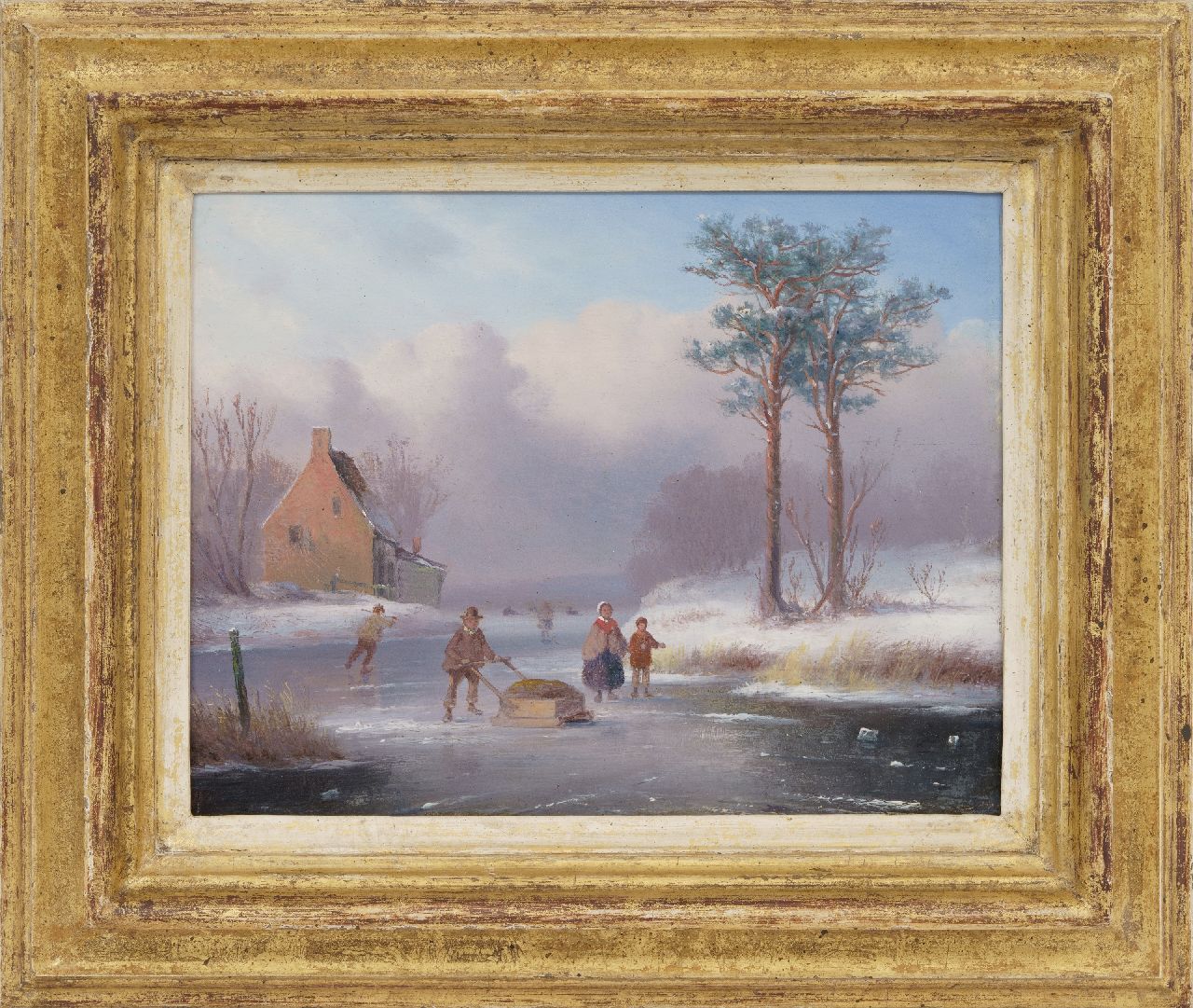 Ahrendts C.E.  | Carl Eduard Ahrendts, Frozen river landscape with skating figures, oil on panel 19.2 x 23.7 cm, signed l.r. indistinct