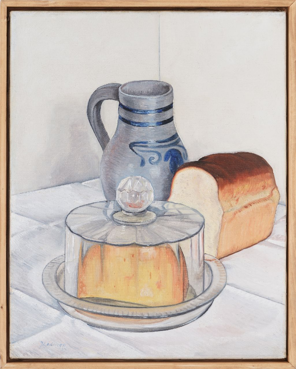 Lodeizen J.  | Johannes 'Jo' Lodeizen, Still life with jug, white bread and cheese under a bell jar, oil on canvas 50.4 x 40.2 cm, signed l.l. and dated '33