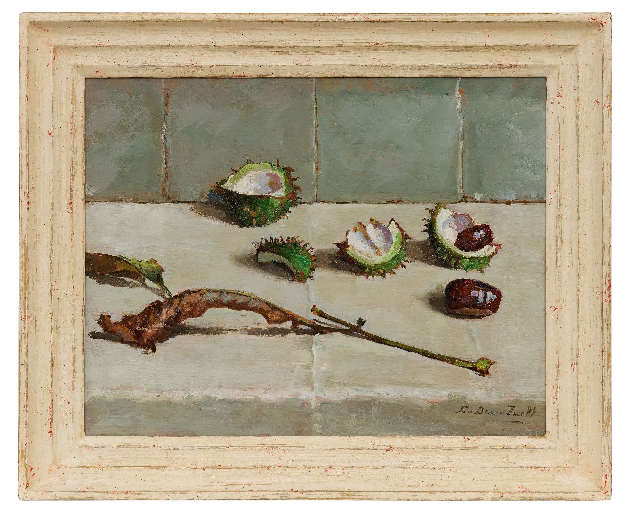 Dam van Isselt L. van | Lucie van Dam van Isselt, Still life of chestnuts, oil on panel 31.7 x 40.1 cm, signed l.r.