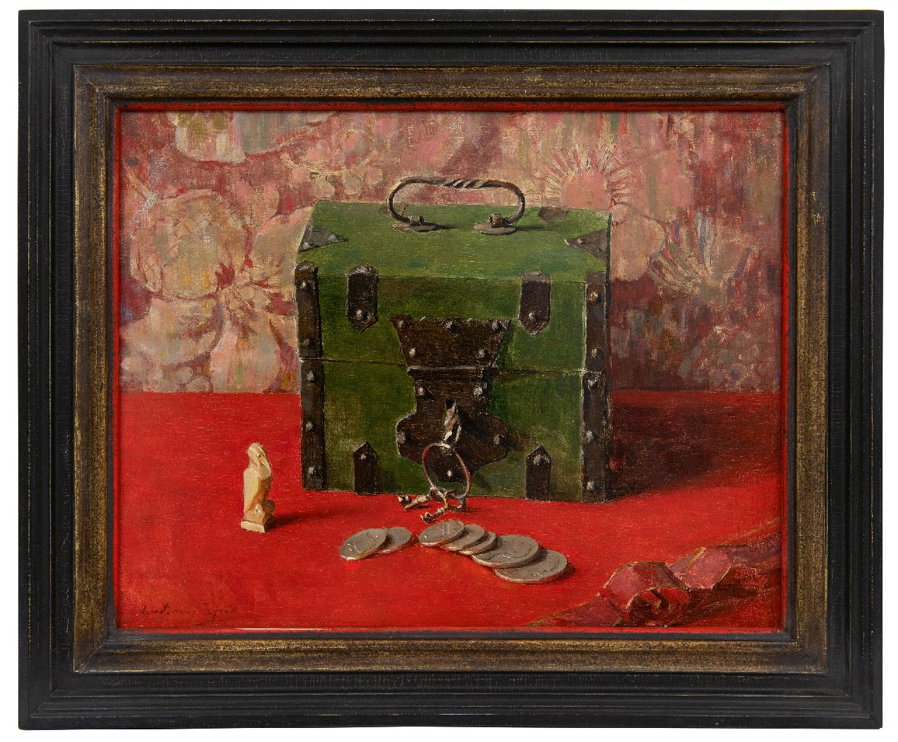 Dam van Isselt L. van | Lucie van Dam van Isselt | Paintings offered for sale | Still life with a green money box, oil on panel 31.1 x 39.5 cm, signed l.l.