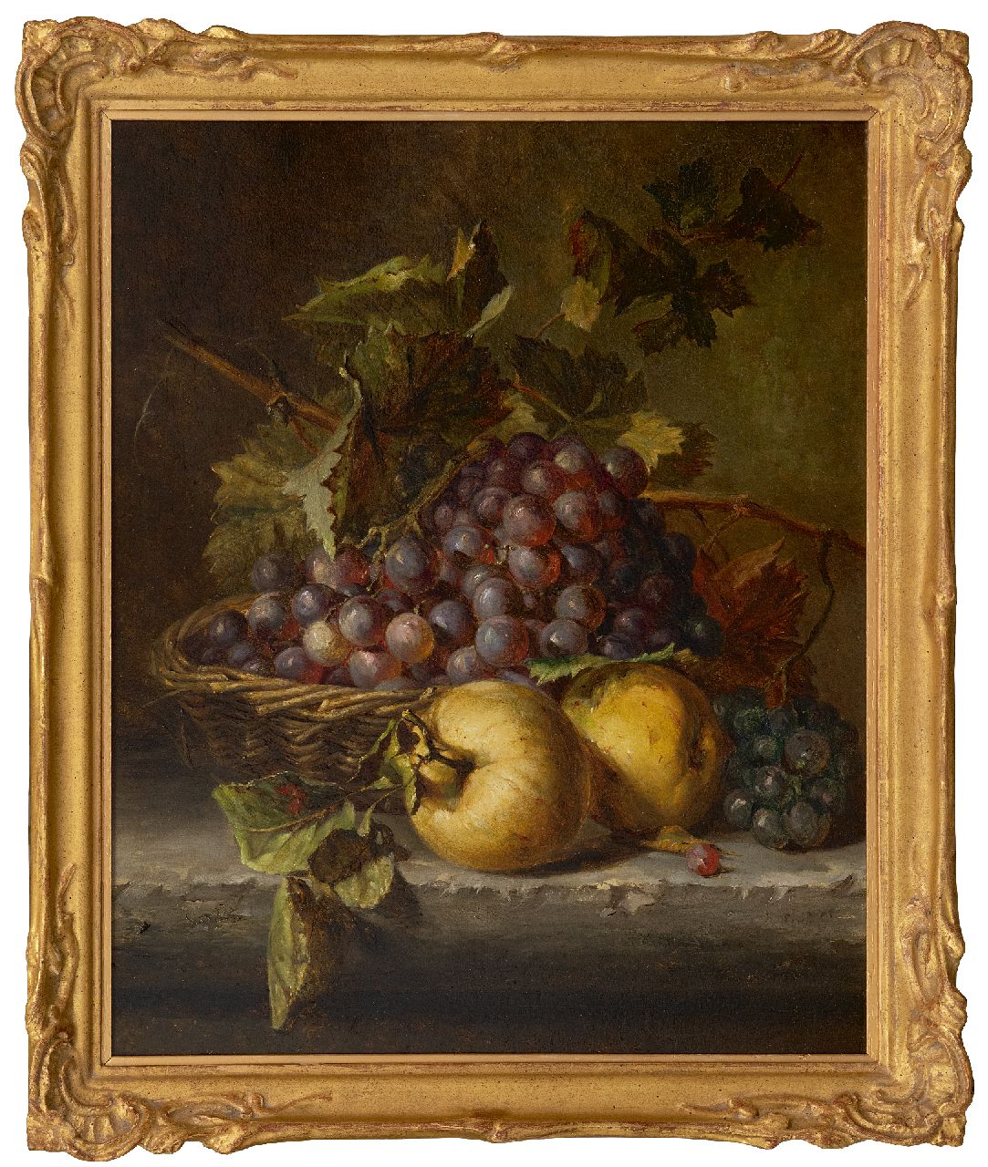 Haanen A.J.  | 'Adriana' Johanna Haanen | Paintings offered for sale | Stilllife with grapes in a wicker basket, oil on panel 44.0 x 35.7 cm, signed indistincty l.r. and without frame