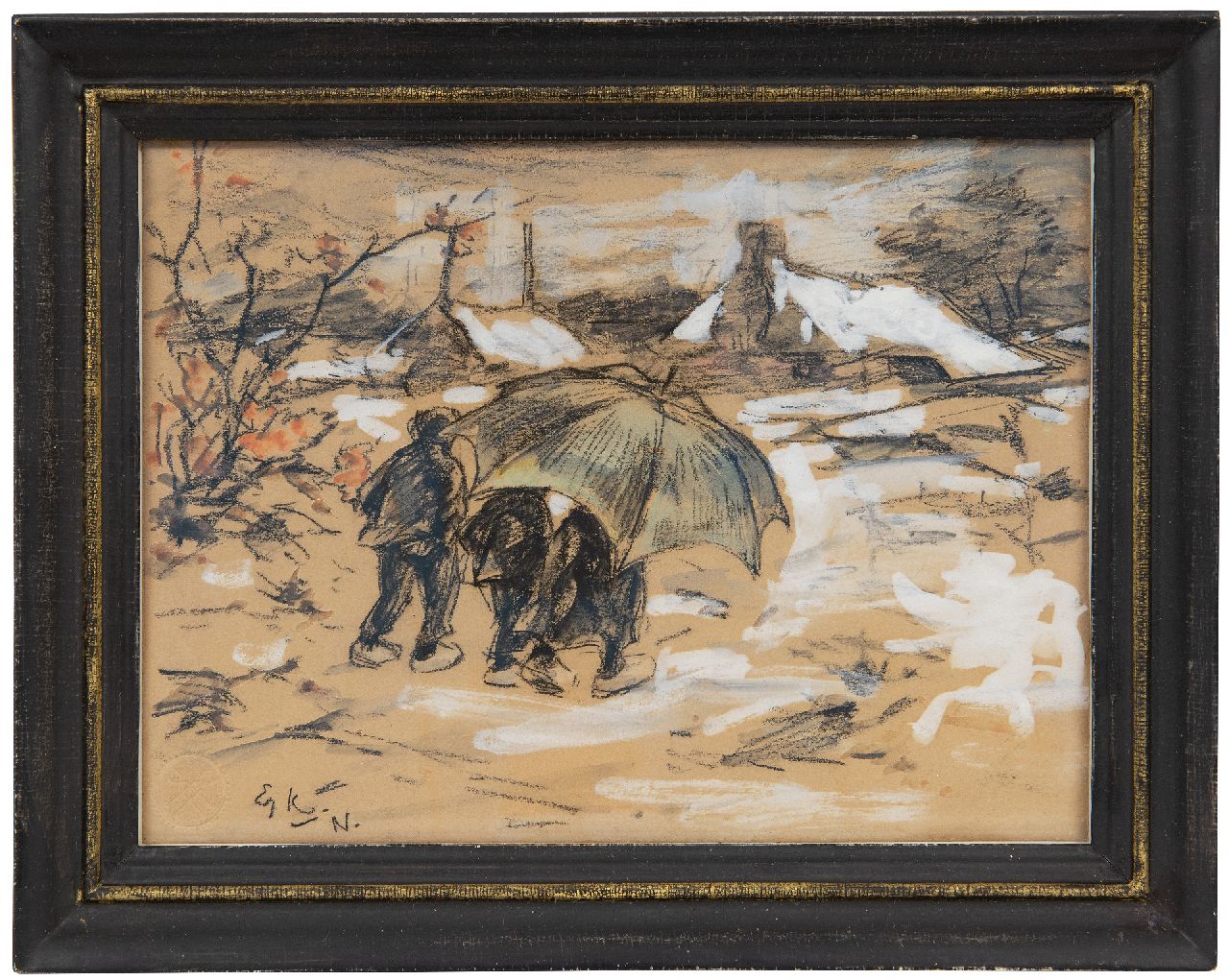 Koning E.W.  | 'Edzard' Willem Koning, Peasant children under an umbrella, crayon and watercolour on paper 17.8 x 24.2 cm, signed l.l. with initials