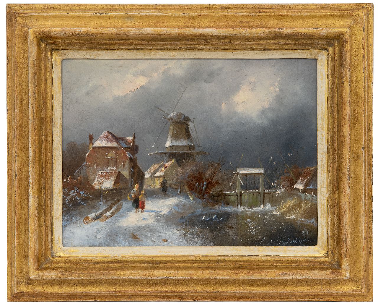 Leickert C.H.J.  | 'Charles' Henri Joseph Leickert, Winter landscape with figures at a lock, oil on panel 19.3 x 26.0 cm, signed l.r.