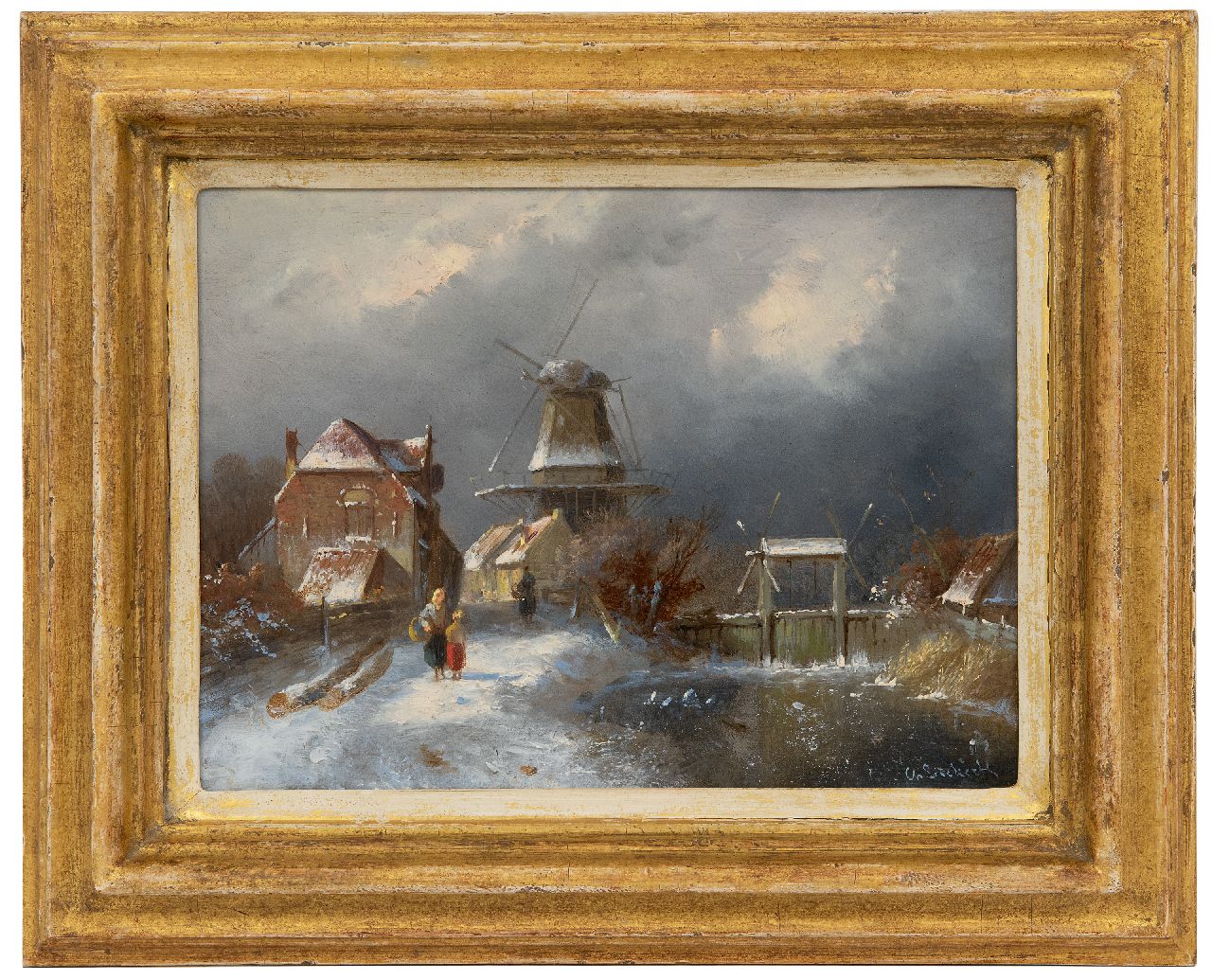 Leickert C.H.J.  | 'Charles' Henri Joseph Leickert, Winter landscape with figures at a lock, oil on panel 19.3 x 26.0 cm, signed l.r.