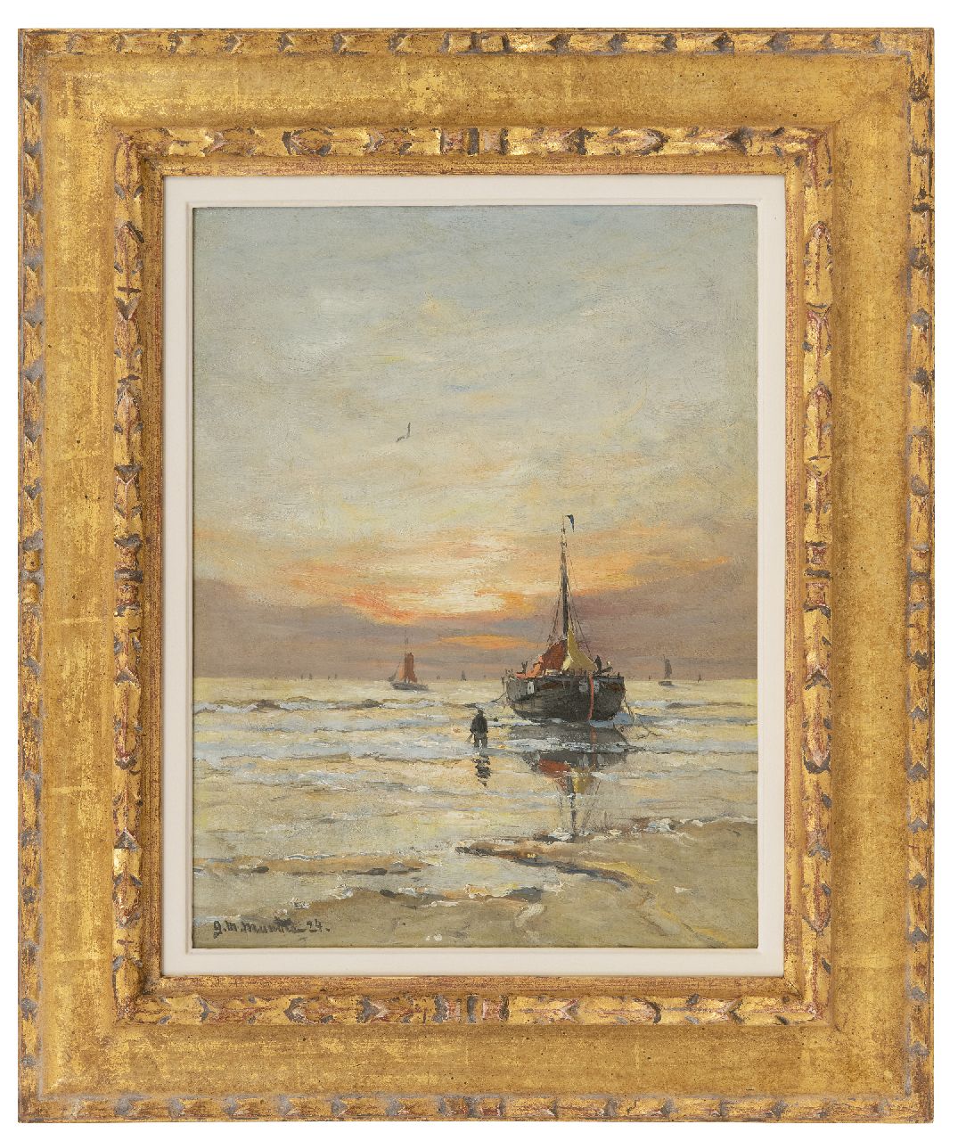 Munthe G.A.L.  | Gerhard Arij Ludwig 'Morgenstjerne' Munthe, Bomschuit in the surf at sunset, oil on painter's board 34.8 x 26.8 cm, signed l.l. and dated '24