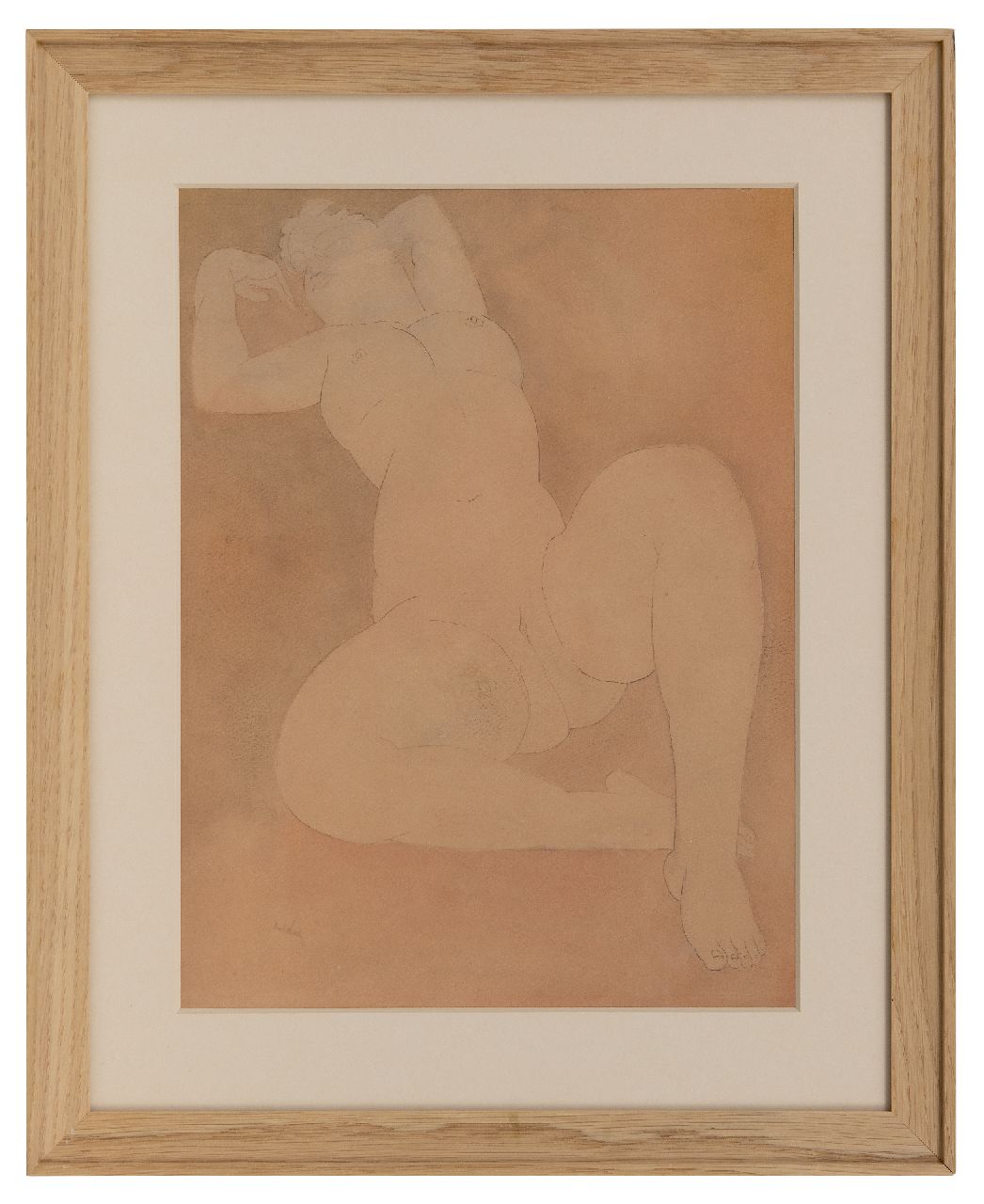 Kelder A.B.  | Antonius Bernardus 'Toon' Kelder | Watercolours and drawings offered for sale | Reclining female nude, pen, ink, chalk and watercolour on paper 33.7 x 25.2 cm, signed l.l.