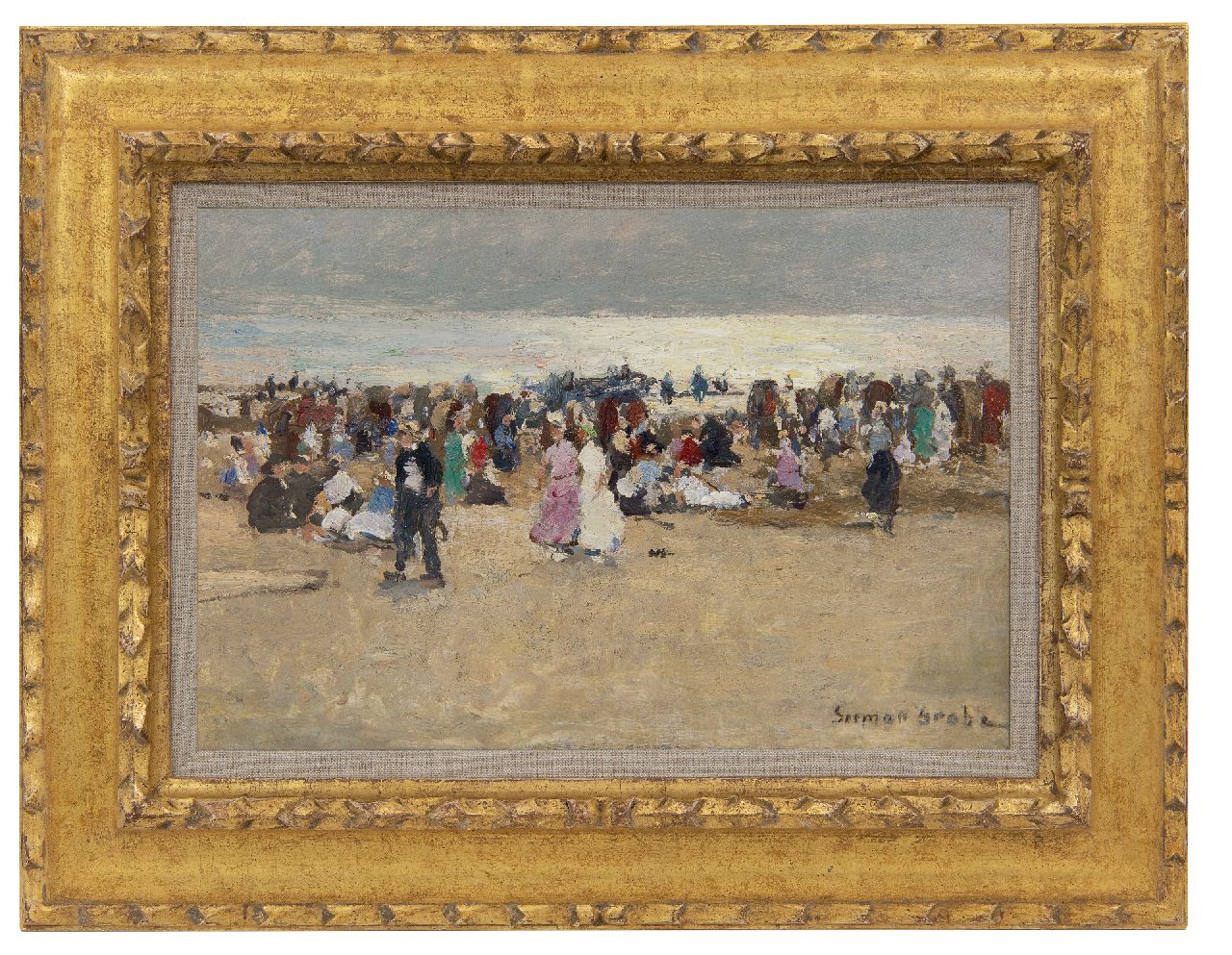 Grobe P.G.  | Philipp 'German' Grobe, Colourful gathering on the beach of Katwijk, oil on panel 23.9 x 36.0 cm, signed l.r.