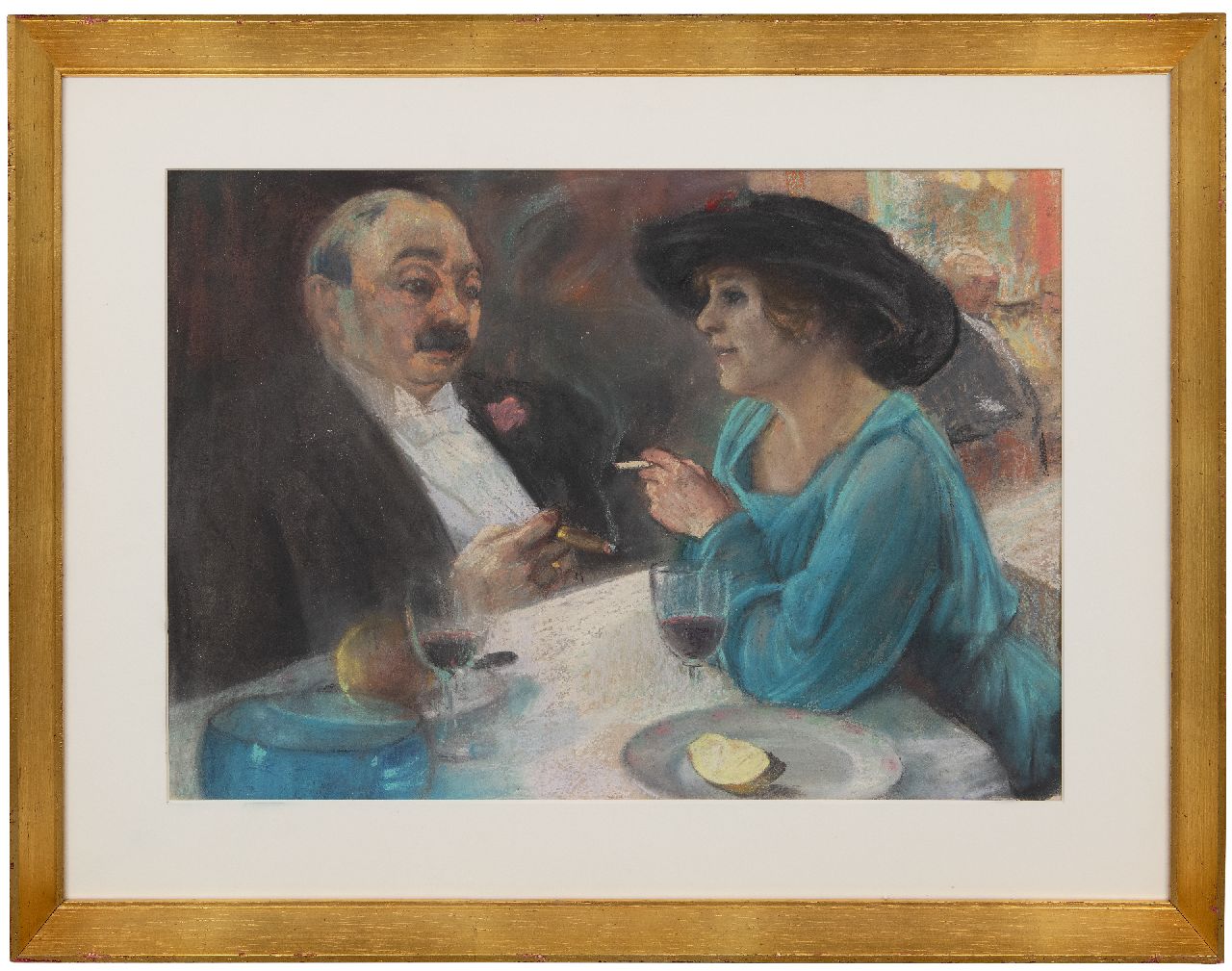 Onbekend (R.I.P.)  | Onbekend | Watercolours and drawings offered for sale | Man and woman in a cafe, pastel on paper 35.5 x 47.6 cm