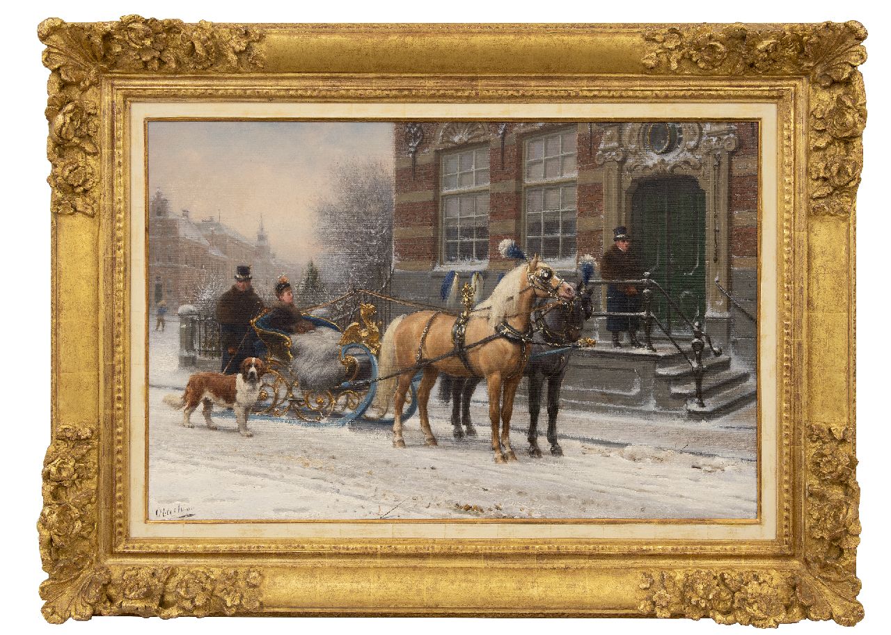 Eerelman O.  | Otto Eerelman, Horse-drawn sleigh in a town, oil on canvas 60.3 x 90.3 cm, signed l.l.