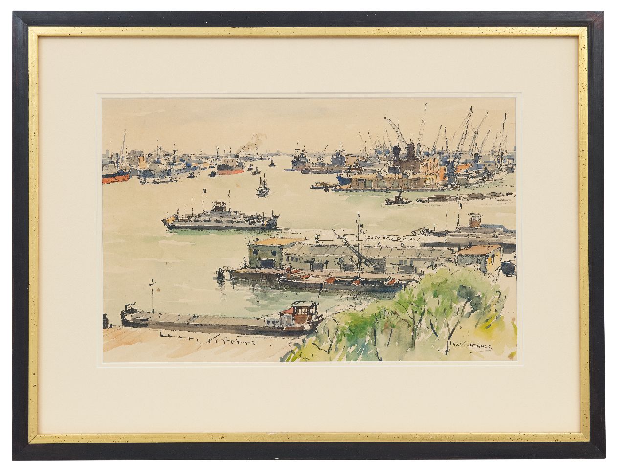Korthals J.  | Johannes 'Jan' Korthals, Harbor view, Rotterdam, watercolour on paper 29.9 x 46.7 cm, signed l.r.