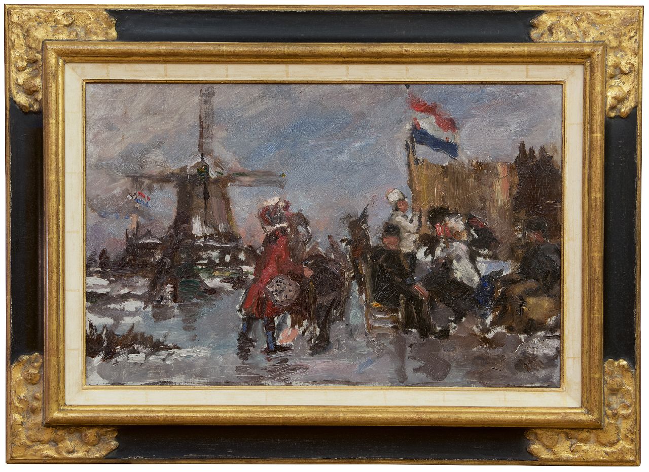 Roelofs O.W.A.  | Otto Willem Albertus 'Albert' Roelofs | Paintings offered for sale | Skaters at the koek-en-zopie, oil on canvas 39.8 x 60.3 cm, painted 1899