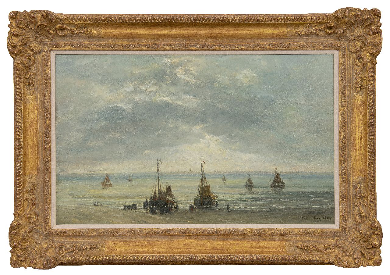 Mesdag H.W.  | Hendrik Willem Mesdag, Bomschuiten aan de kust, oil on canvas 48.9 x 78.6 cm, signed l.r. and painted 1893-1902