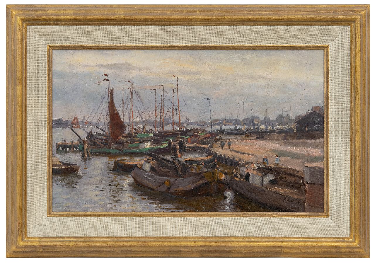 Pothast B.J.C.  | 'Bernard' Jean Corneille Pothast | Paintings offered for sale | Busy harbor view with moored flat-bottomed boats, oil on canvas laid down on panel 26.0 x 44.0 cm, signed l.r.