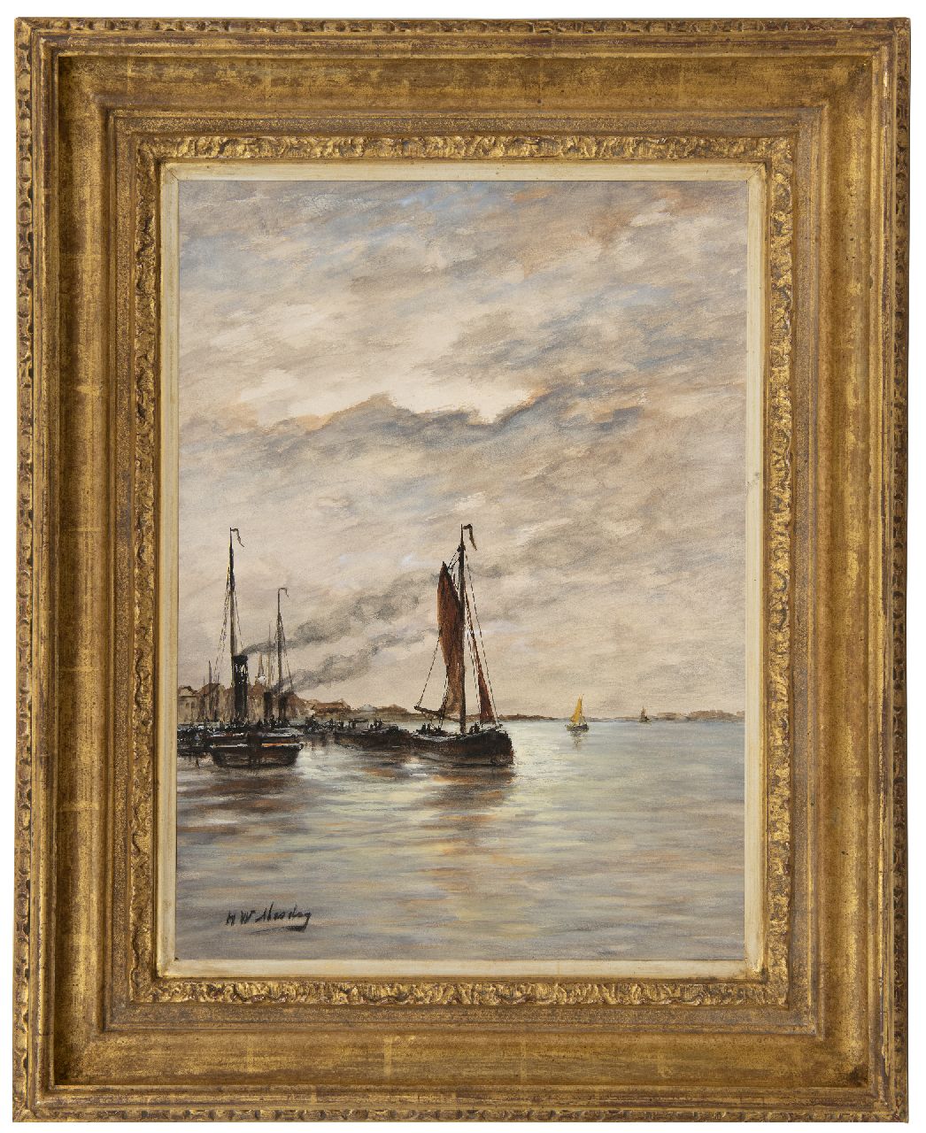 Mesdag H.W.  | Hendrik Willem Mesdag, Fishing vessels in a harbour, watercolour on paper 43.2 x 31.8 cm, signed l.l.