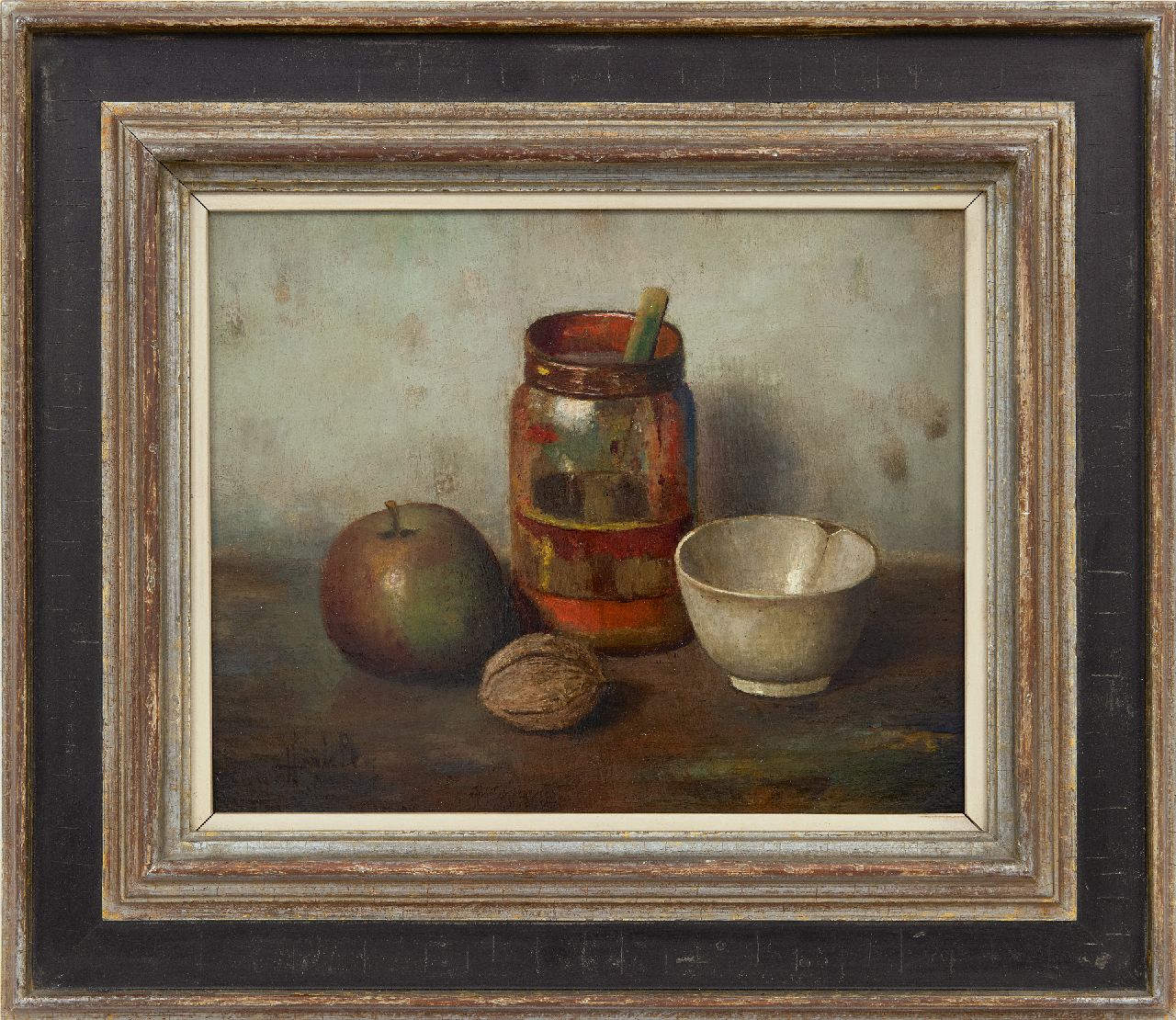 Bos H.  | Hendrik 'Henk' Bos | Paintings offered for sale | Still life with apple and walnut, oil on canvas 24.8 x 31.1 cm, signed l.l.