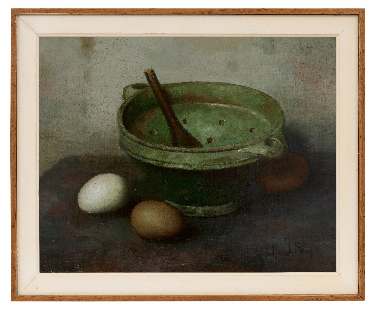 Bos H.  | Hendrik 'Henk' Bos | Paintings offered for sale | Still life with colander and eggs, oil on canvas laid down on panel 24.5 x 30.4 cm, signed l.r.