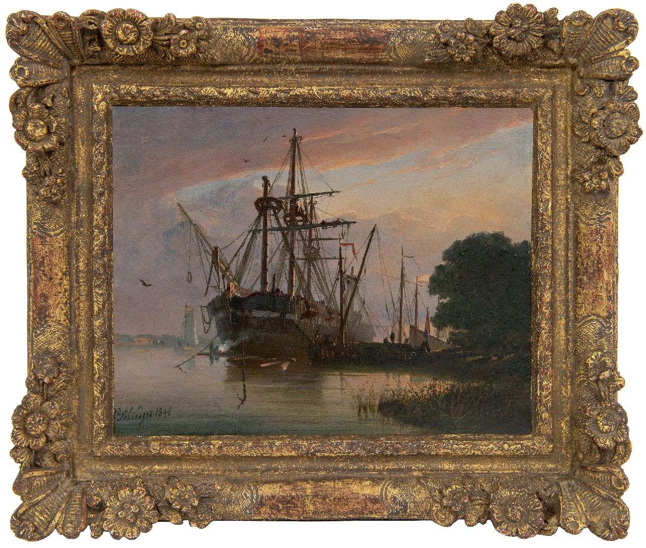 Schiedges P.P.  | Petrus Paulus Schiedges | Paintings offered for sale | Moored three-master at sunset, oil on panel 16.2 x 20.9 cm, signed l.l. and dated 1846