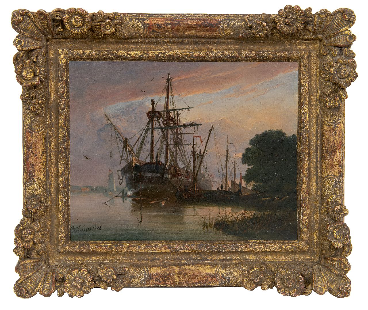 Schiedges P.P.  | Petrus Paulus Schiedges | Paintings offered for sale | Moored three-master at sunset, oil on panel 16.2 x 20.9 cm, signed l.l. and dated 1846