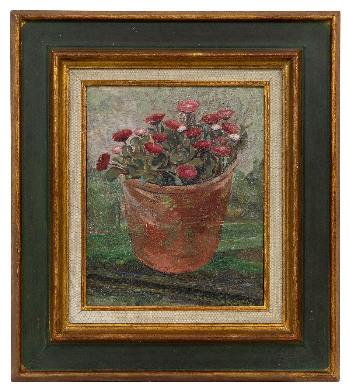 Zweep D.J. van der | 'Douwe' Jan van der Zweep | Paintings offered for sale | Flowerpot with daisies, oil on panel 27.0 x 21.1 cm, signed l.r.