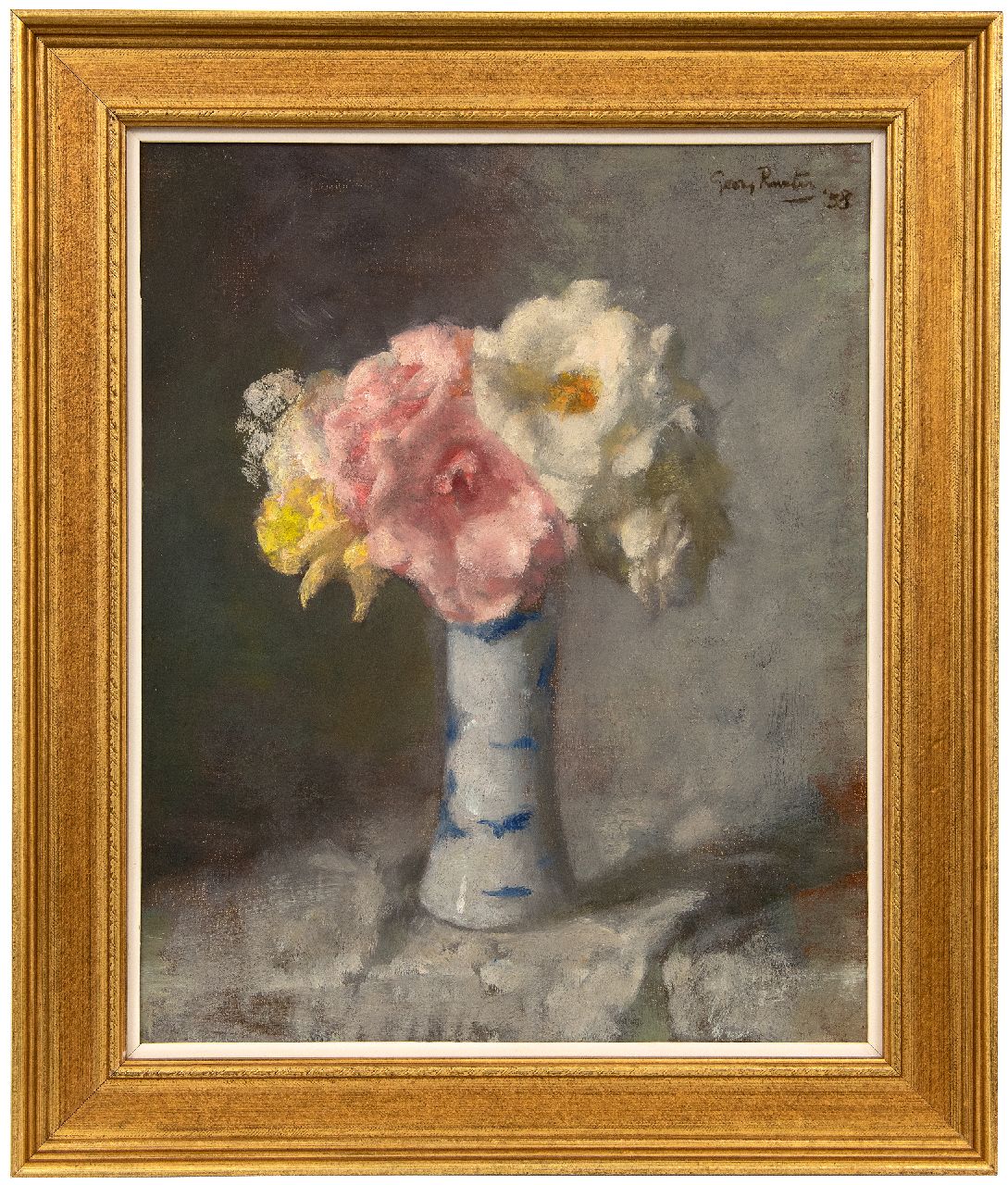 Rueter W.C.G.  | Wilhelm Christian 'Georg' Rueter | Paintings offered for sale | Roses in a porcelain vase, oil on canvas 43.6 x 36.0 cm, signed u.r. and dated '38