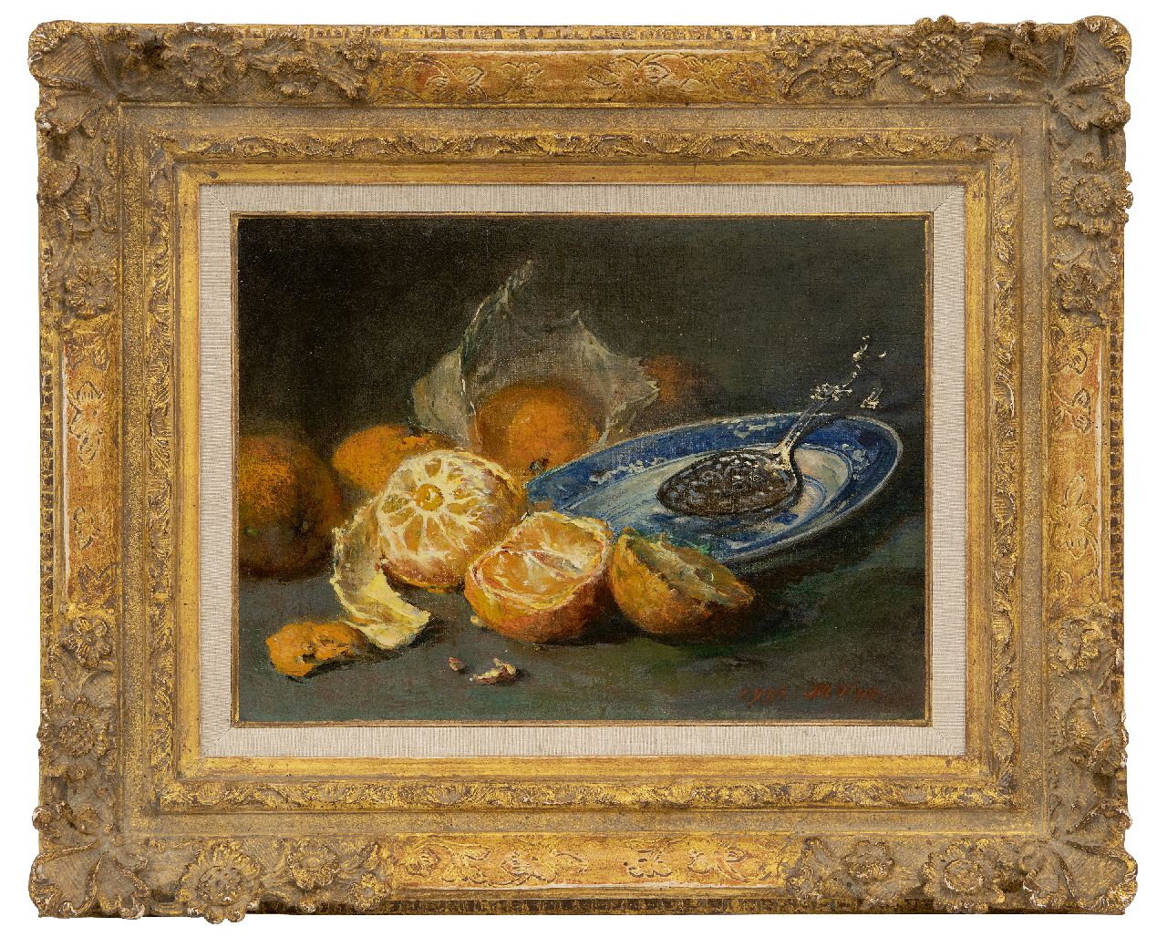 Vos M.  | Maria Vos, Still life with oranges and a blue and white plate, oil on canvas 25.4 x 34.1 cm, signed l.r. and dated 1906