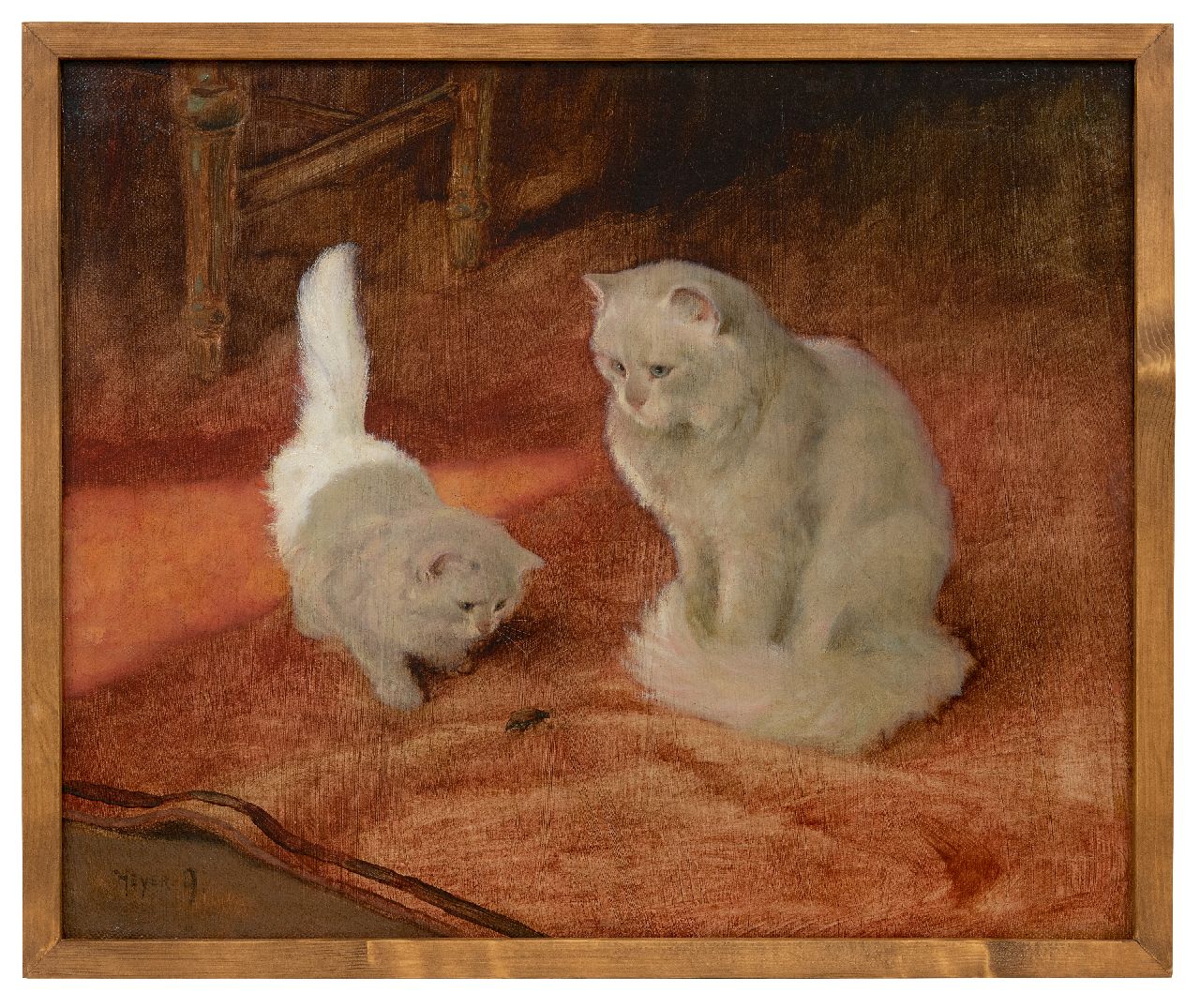 Heyer A.  | Arthur Heyer | Paintings offered for sale | Angora cat and kitten with a beetle, oil on board on canvas 56.2 x 68.0 cm, signed l.l.