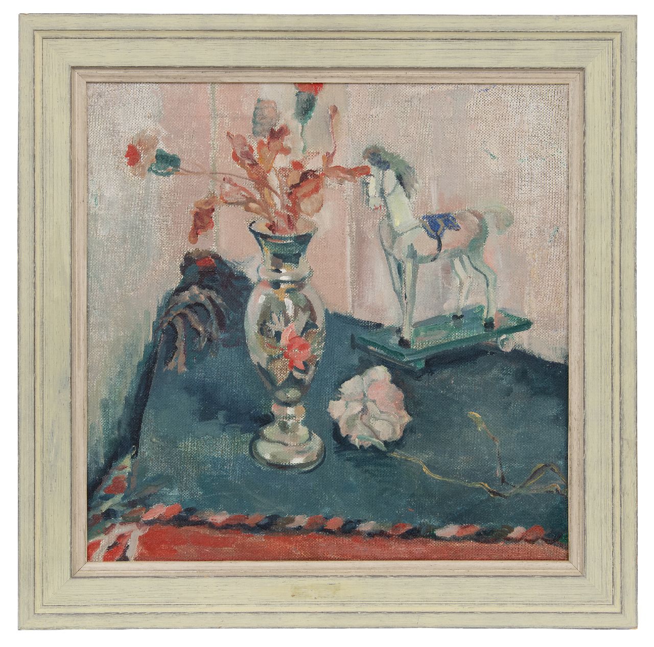 Martens G.G.  | Gijsbert 'George' Martens | Paintings offered for sale | Still life with flowers and toy horse, oil on canvas 50.5 x 50.3 cm, signed reverse on stretcher