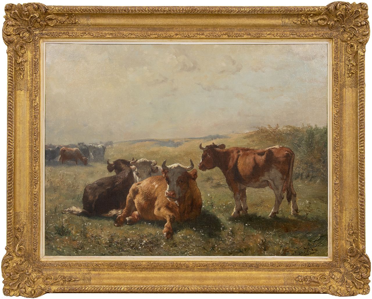 Haas J.H.L. de | Johannes Hubertus Leonardus de Haas, Summer landscape with cattle, oil on canvas 69.5 x 89.7 cm, signed l.r.