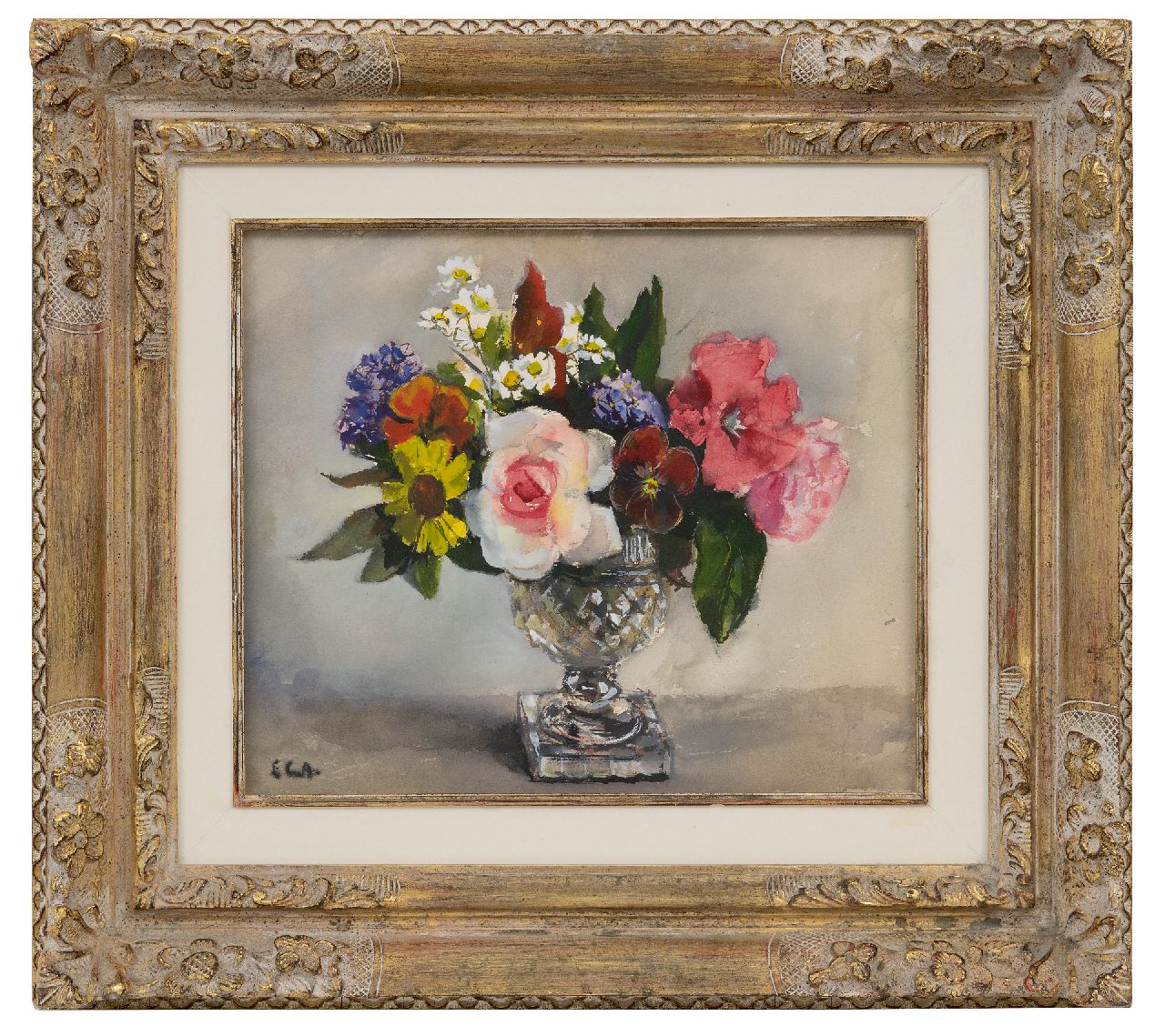 Arntzenius E.C.  | Elise Claudine Arntzenius | Watercolours and drawings offered for sale | Summer flowers in a crystal vase, watercolour on paper 27.0 x 32.0 cm, signed l.l. with initials
