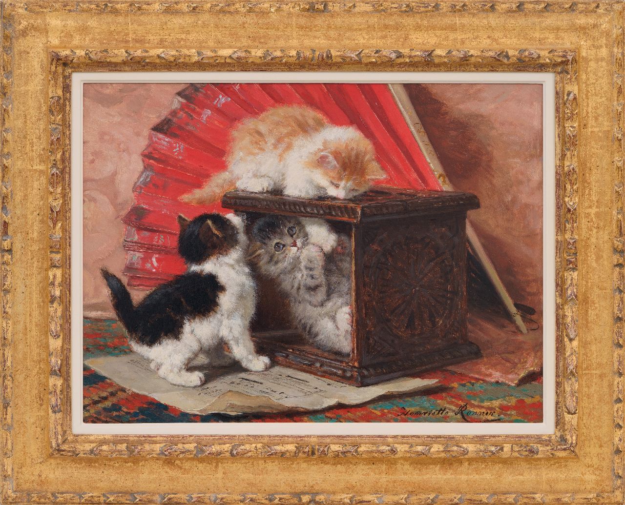 Ronner-Knip H.  | Henriette Ronner-Knip, A still life with three playing kittens, oil on panel 33.3 x 44.7 cm, signed l.r.