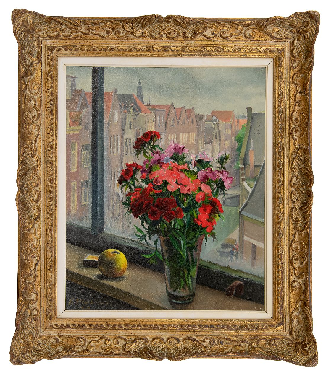 Martinez R.  | Raoul Martinez | Paintings offered for sale | Flower stilllife in windowsill in Amsterdam, oil on canvas 55.6 x 46.4 cm, signed l.l. and dated '50