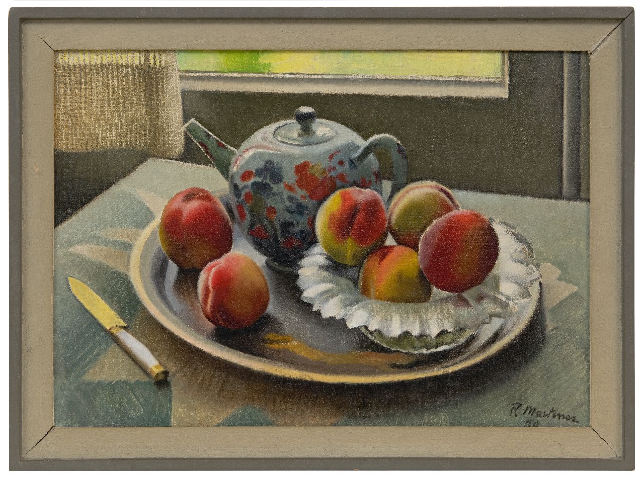 Martinez R.  | Raoul Martinez | Paintings offered for sale | Still life with teapot and peaches at a window, oil on canvas 35.4 x 50.2 cm, signed l.r. and dated '50