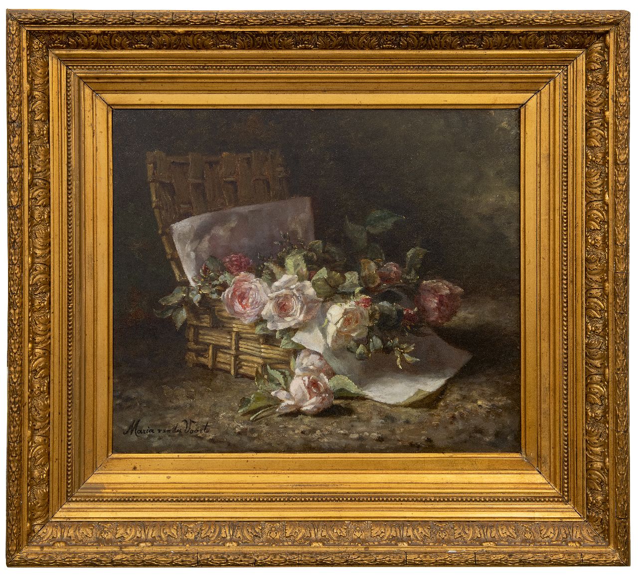 Voort in de Betouw-Nourney M. van der | Maria van der Voort in de Betouw-Nourney | Paintings offered for sale | Roses in a basket on the forest floor, oil on canvas 50.1 x 60.3 cm, signed l.l.