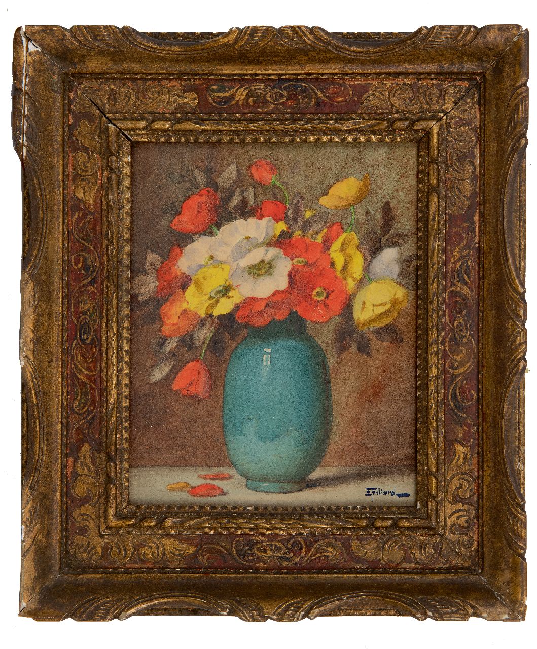 Filliard E.  | Ernest Filliard | Watercolours and drawings offered for sale | Poppies in a blue vase, watercolour on paper 16.7 x 13.8 cm, signed l.r.