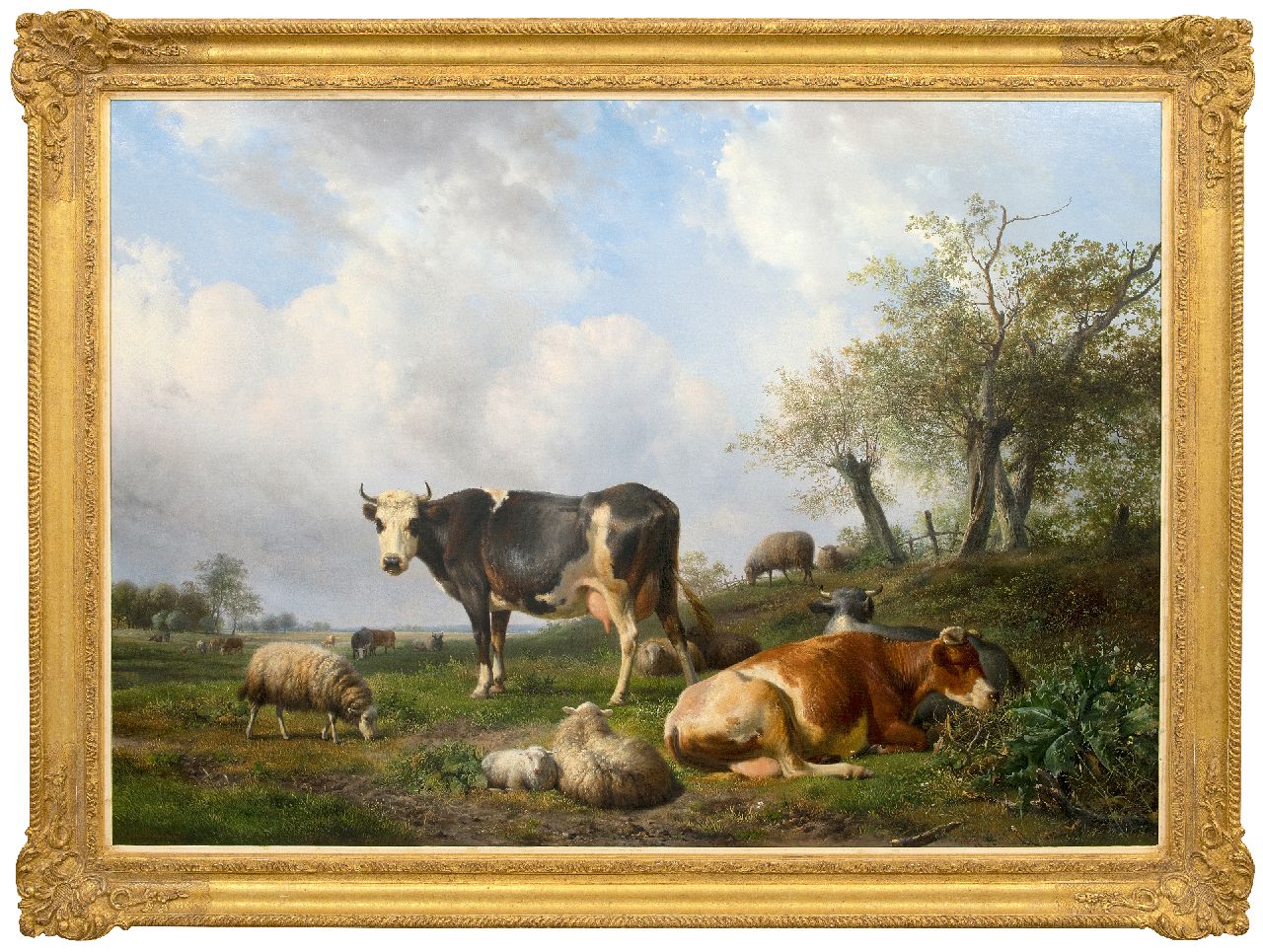 Sande Bakhuyzen H. van de | Hendrikus van de Sande Bakhuyzen | Paintings offered for sale | Landschaft mit ruhenden Kühen und Schafen, oil on canvas 108.0 x 150.0 cm, signed l.l.