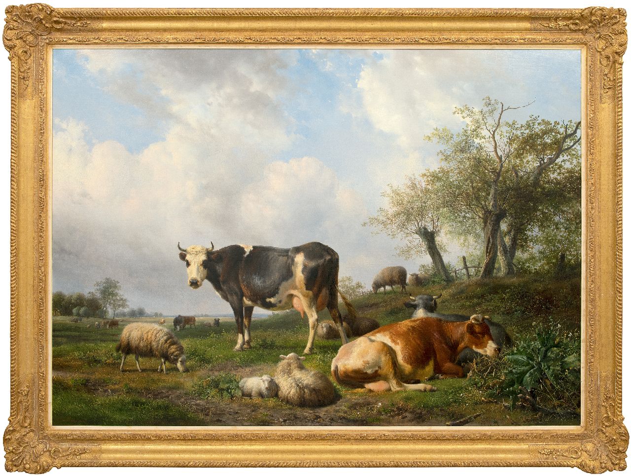 Sande Bakhuyzen H. van de | Hendrikus van de Sande Bakhuyzen | Paintings offered for sale | Landschaft mit ruhenden Kühen und Schafen, oil on canvas 108.0 x 150.0 cm, signed l.l.