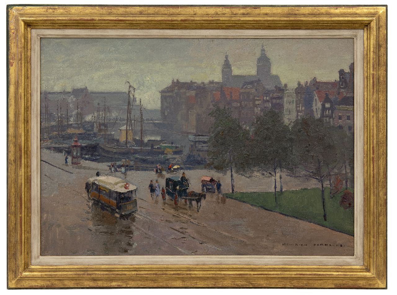 Hermanns H.  | Heinrich Hermanns | Paintings offered for sale | The Damrak, Amsterdam, oil on canvas 44.6 x 63.6 cm, signed l.r.